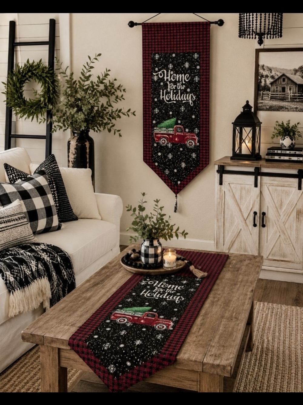 Home for the Holidays Red Truck Table Runner and Wall Banner Set